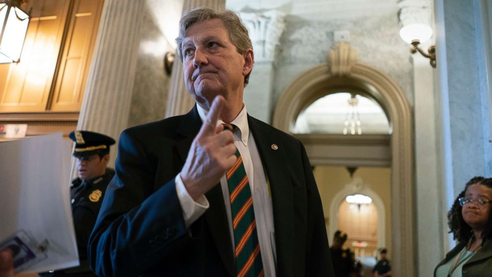 Sen. John Kennedy arrives for a weekly policy meeting with fellow Republicans on Capitol Hill in Washington, D.C., April 17, 2018.