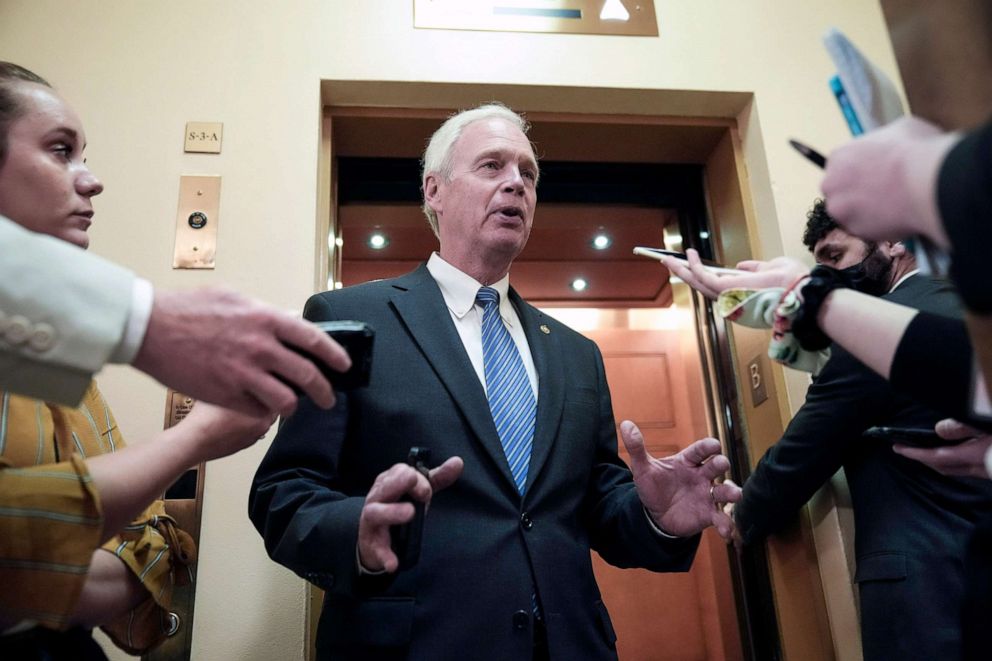PHOTO: Sen. Ron Johnson speaks to reporters and tells them why he is against a Jan. 6 commission on his way to a vote at the U.S. Capitol, May 27, 2021 in Washington, D.C. 