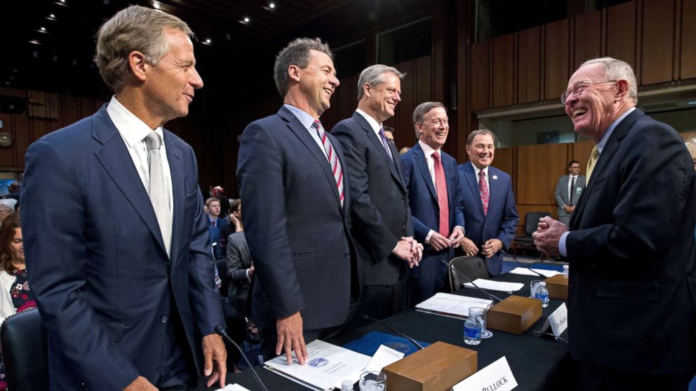 Governors Bill Haslam, Steve Bullock, Charlie Baker, John Hickenlooper and Gary Herbert are greeted by Senate Health, Education, Labor, and Pensions Committee Chairman Sen. Lamar Alexander during a hearing on Capitol Hill, Sept. 7, 2017.