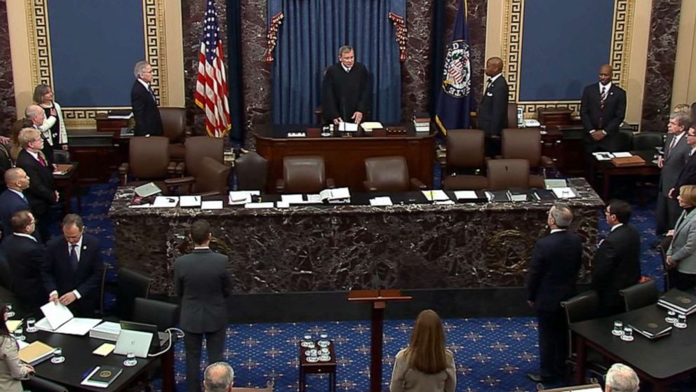 PHOTO: Chief Justice of the Supreme Court John Roberts addresses the Senate on the second day of the impeachment trial against President Donald Trump at the Capitol, Jan. 22, 2020.