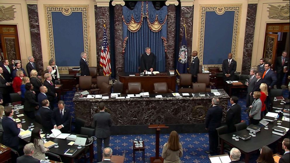 PHOTO: Chief Justice of the Supreme Court John Roberts addresses the Senate on the second day of the impeachment trial against President Donald Trump at the Capitol, Jan. 22, 2020.