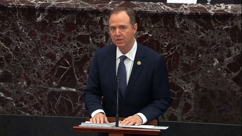 PHOTO: Lead House Manager REp. Adam Schiff delivers his opening argument in the impeachment trial against President Donald Trump, Jan. 22, 2020, at the Capitol.