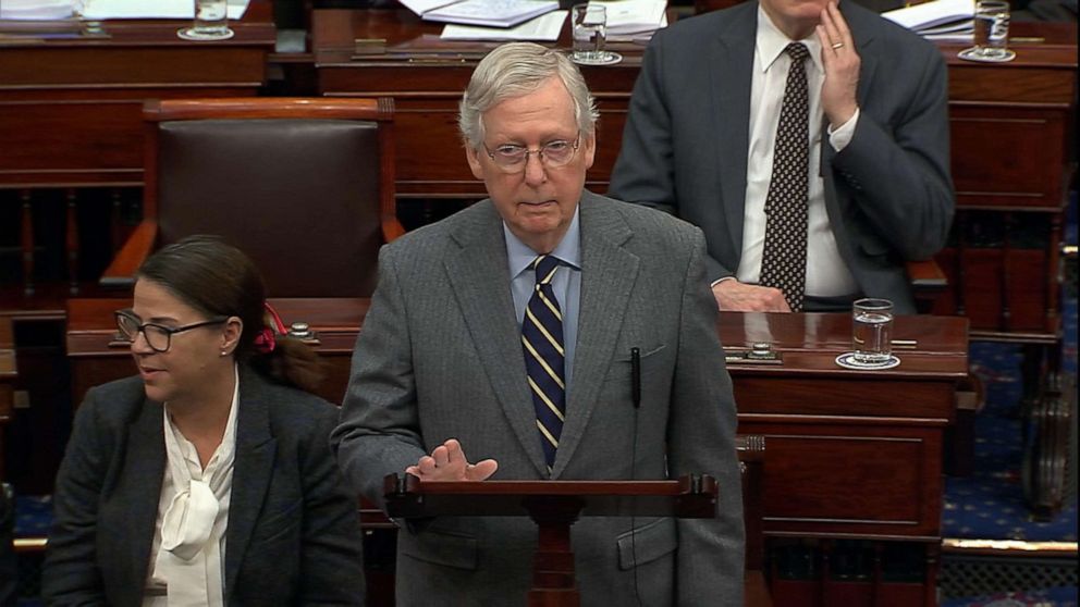 PHOTO: Senate Majority Leader Mitch McConnell speaks during closing arguments during the impeachment trial of President Donald Trump, Feb. 3, 2020, at the Capitol. 