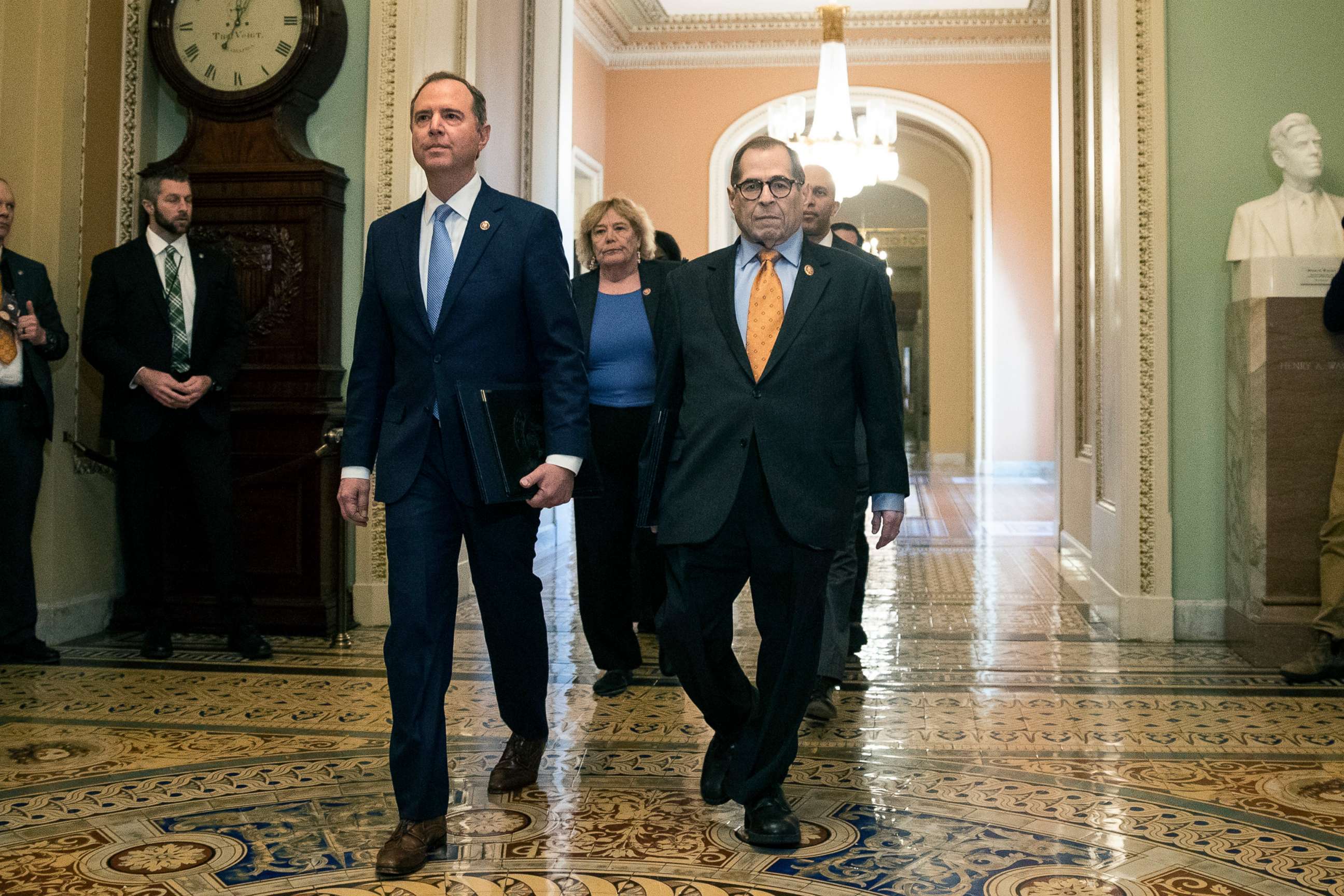 PHOTO: House Intelligence Committee Chairman Adam Schiff, D-Calif., front left, and House Judiciary Committee Chairman, Rep. Jerrold Nadler, D-N.Y., and other House impeachment managers, walk to the Senate chamber on Capitol Hill, Jan. 16, 2020. 