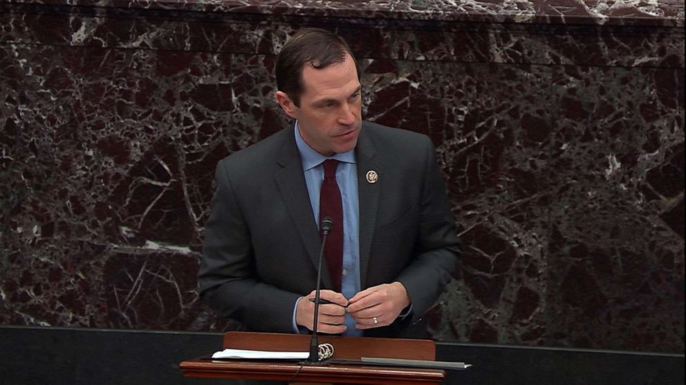 PHOTO: House Manager Rep. Jason Crow delivers his closing argument during the impeachment trial of President Donald Trump, Feb. 3, 2020, at the Capitol.