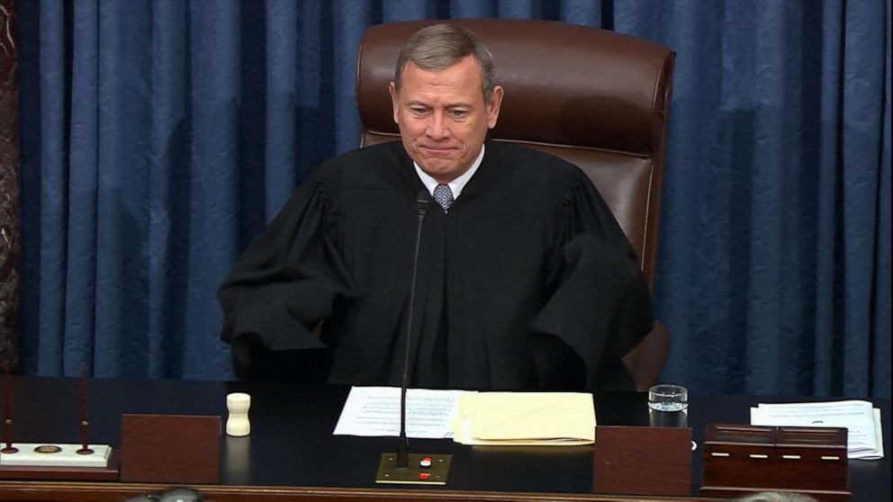 PHOTO: Chief Justice of the Supreme Court John Roberts during closing arguments in the impeachment trial of President Donald Trump at the Capitol, Feb. 3, 2020.