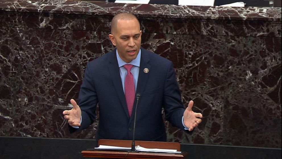 PHOTO: House Manager Rep. Hakeem Jeffries delivers his closing argument during the impeachment trial of President Donald Trump, Feb. 3, 2020, at the Capitol.