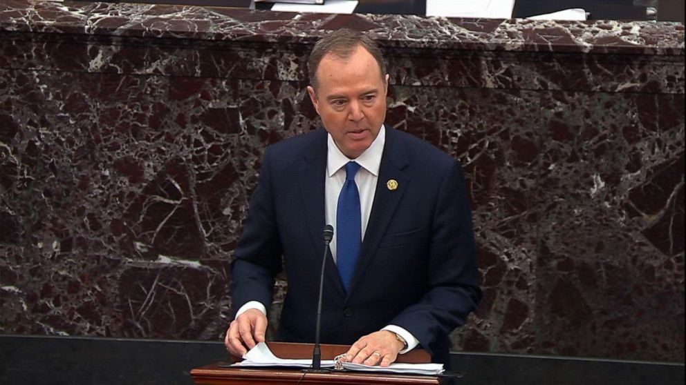 PHOTO: Lead House impeachment manager Rep. Adam Schiff delivers his closing argument in the impeachment trial of President Donald Trump, Feb. 3, 2020, at the Capitol. 