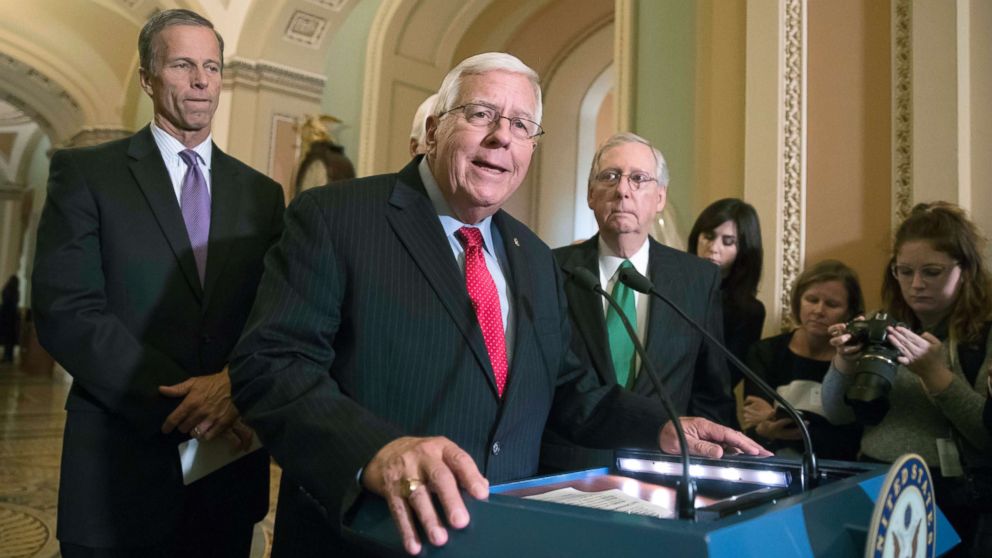 PHOTO: Sen. Mike Enzi, chairman of the Senate Budget Committee, joined by Sen. John Thune, left, and Senate Majority Leader Mitch McConnell, announces that the Senate is moving ahead on a Republican budget plan at the Capitol in Washington, Oct. 17, 2017.