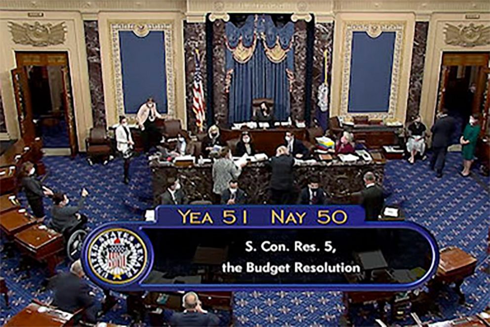 PHOTO: In this image from Senate TV, Vice President Kamala Harris sits in the chair on the Senate floor to cast the tie-breaking vote, her first, Friday, Feb. 5, 2021 at the Capitol in Washington.