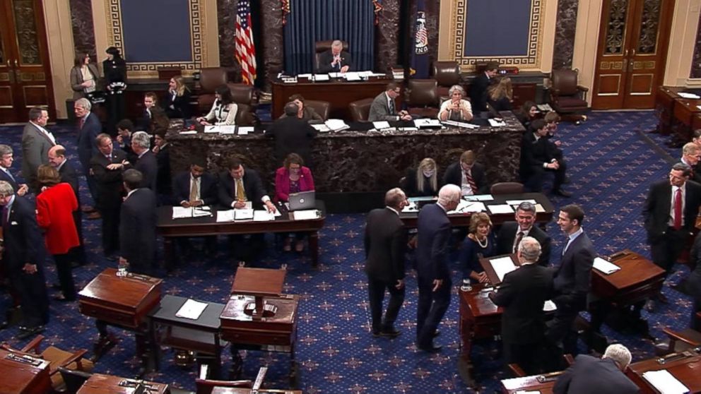 PHOTO: In this image made from video, members vote on a temporary funding measure to end the government shutdown on the floor of the U.S. Senate in Washington, Jan. 22, 2018.