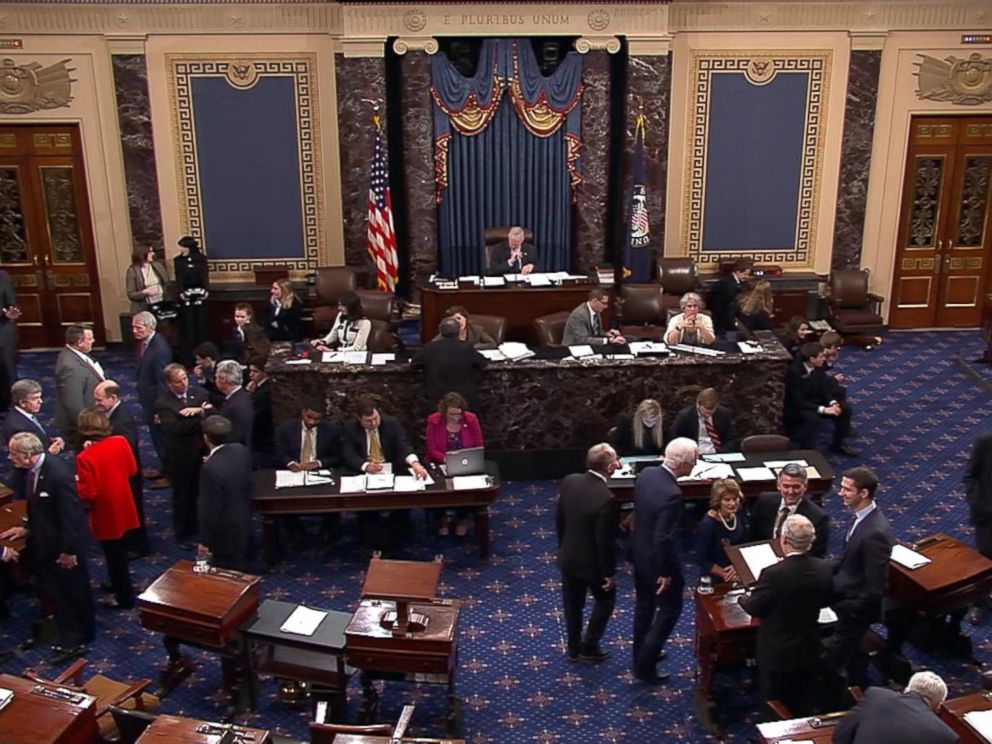 PHOTO: In this image made from video, members vote on a temporary funding measure to end the government shutdown on the floor of the U.S. Senate in Washington, Jan. 22, 2018.