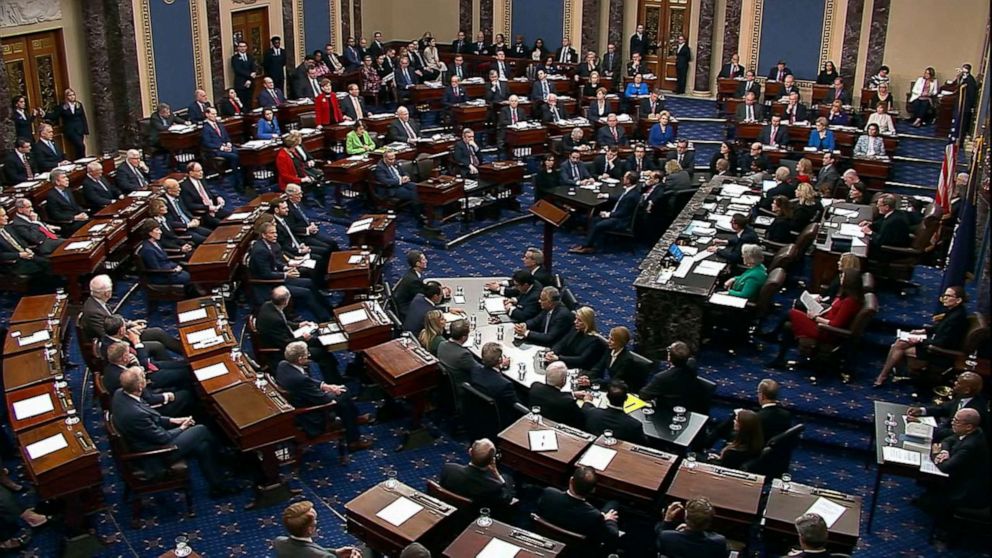 PHOTO: Senators vote during the impeachment trial of President Trump, Feb. 5, 2020, in Washington, DC.