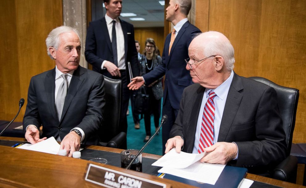 PHOTO: Chairman Bob Corker, left, and ranking member Ben Cardin talk before the start of the Senate Foreign Relations Committee hearing on "The Administration's South Asia Strategy on Afghanistan," Feb. 6, 2018. 
