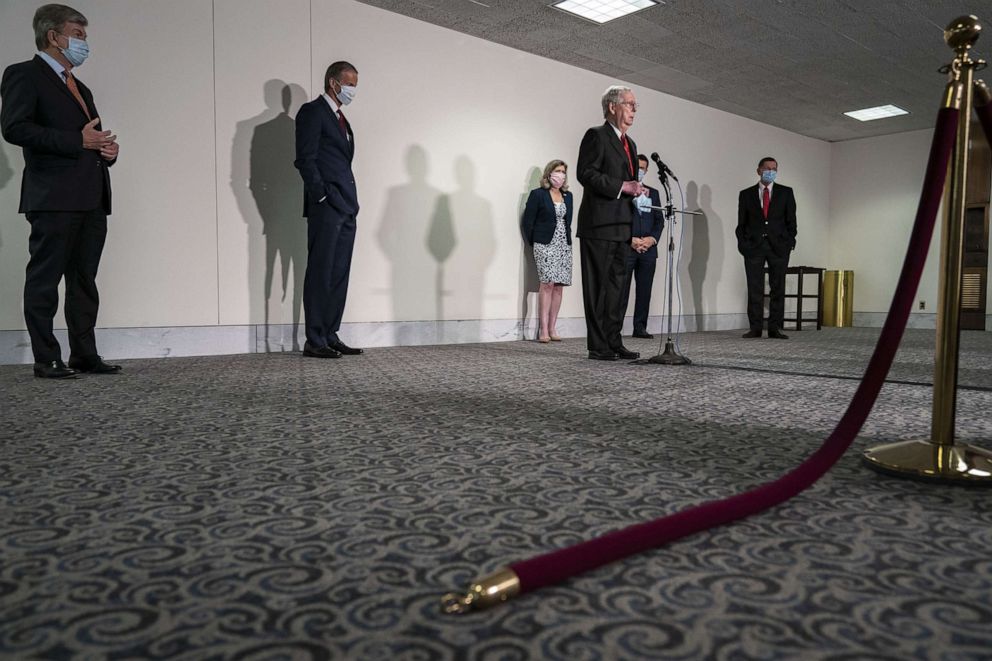 PHOTO: Sen. Roy Blunt, Sen. John Thune, Senate Majority Leader Mitch McConnell, Sen. Joni Ernst and Sen. John Barrasso attend a press conference in the Hart Senate Office Building, May 5, 2020 in Washington. 