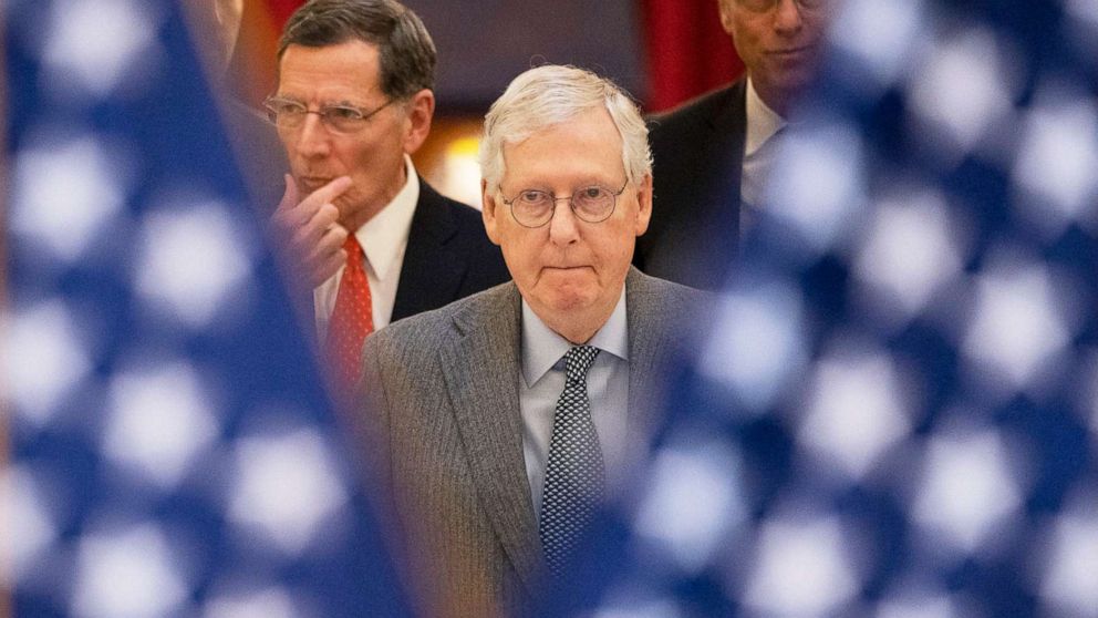 PHOTO: Senate Minority Leader Mitch McConnell leaves a lunch meeting with Senate Republicans on Capitol Hill, Feb. 15, 2022.