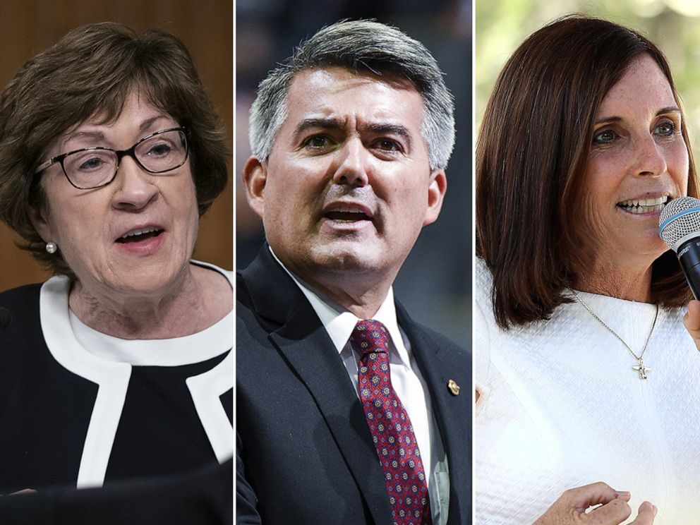 PHOTO: Sen. Susan Collins (R-ME) speaks, Sept. 23, 2020, in Washington, D.C. Sen. Cory Gardner (R-CO), Feb. 20, 2020. Sen. Martha McSally (R-AZ), Oct. 12, 2020, in Scottsdale, Ariz.