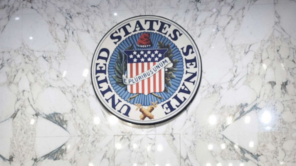 PHOTO: A United States Senate logo on the wall of a Senate Judiciary Committee hearing room on Capitol Hill, Apr. 4, 2022, in Washington.