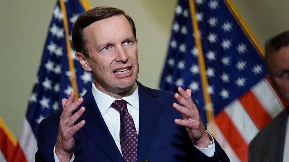 PHOTO: Senator Chris Murphy speaks to reporters after the weekly senate party caucus luncheons at the Capitol in Washington, June 14, 2022.