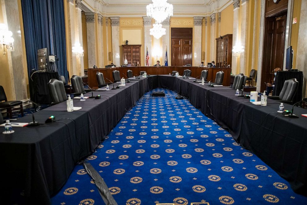 PHOTO: Sen. Susan Collins presides over a hearing on Capitol Hill, conducted remotely through video conferencing, to examine caring for seniors amid the COVID-19 crisis, in an almost empty hearing room on Capitol Hill, May 21, 2020, in Washington.