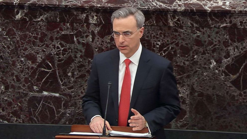 PHOTO: White House Counsel Pat Cipollone speaks during the Senate impeachment trial of President Donald Trump in Washington, Jan. 28, 2020.