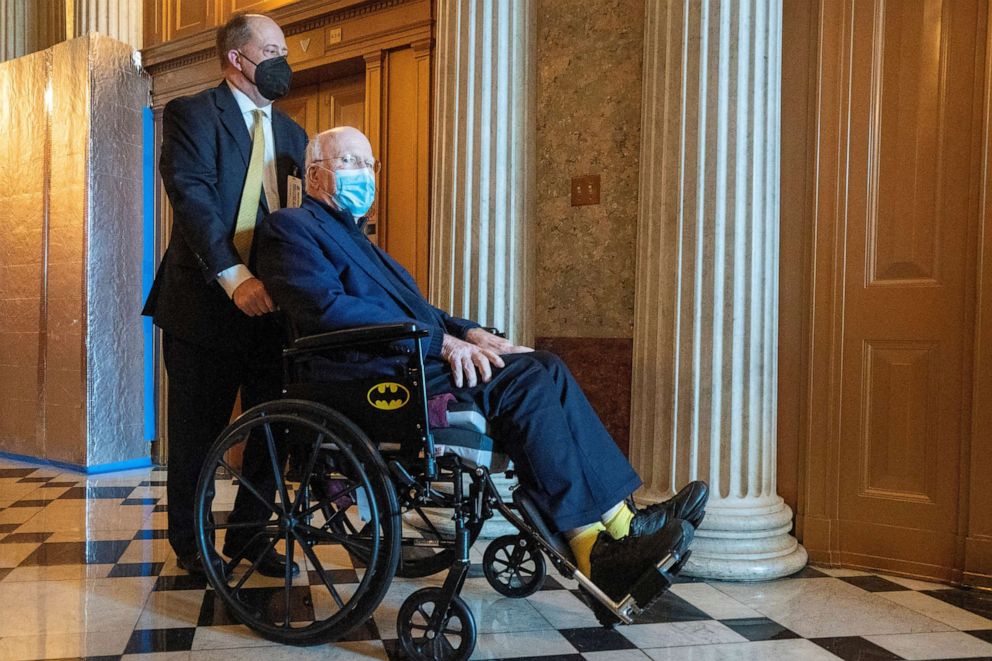 PHOTO: Senator Patrick Leahy is wheeled to an elevator from the Senate floor during amendment votes, also called the "vote-a-rama", on the Inflation Reduct Act 2022, at the U.S. Capitol building in Washington, Aug. 7, 2022. 