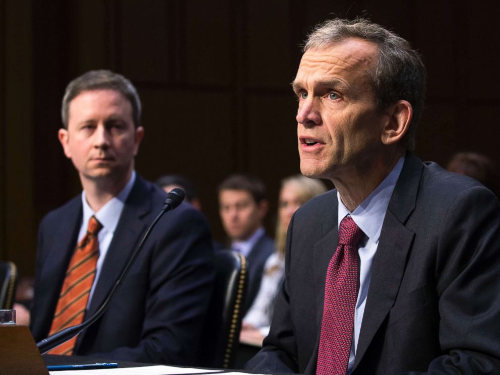 PHOTO: Kent Walker, right, Google senior vice president and general counsel, with Colin Stretch, Facebook general counsel, testifies during a hearing on the social media influence in the 2016 U.S. elections, in Washington, D.C., Nov. 1, 2017.