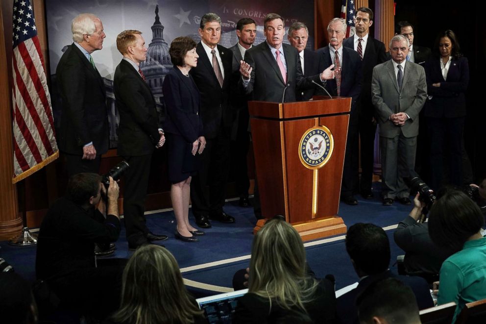 PHOTO: Committee Vice Chairman Sen. Mark Warner speaks during a news conference at the Capitol on March 20, 2018.