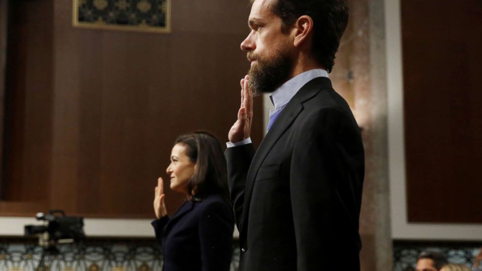 PHOTO: Twitter CEO Jack Dorsey and Facebook COO Sheryl Sandberg are sworn in to testify before a Senate Intelligence Committee hearing on foreign influence operations on social media platforms on Capitol Hill, Sept. 5, 2018.