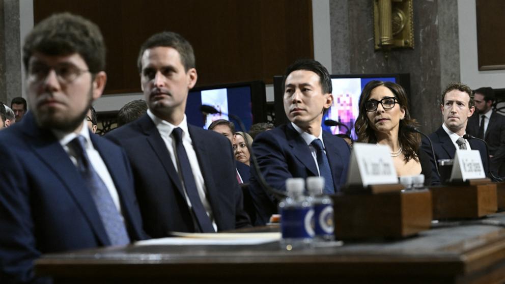 PHOTO: Tech CEO's watch a video of victims before testifying at the US Senate Judiciary Committee hearing, "Big Tech and the Online Child Sexual Exploitation Crisis," in Washington, DC, on January 31, 2024.