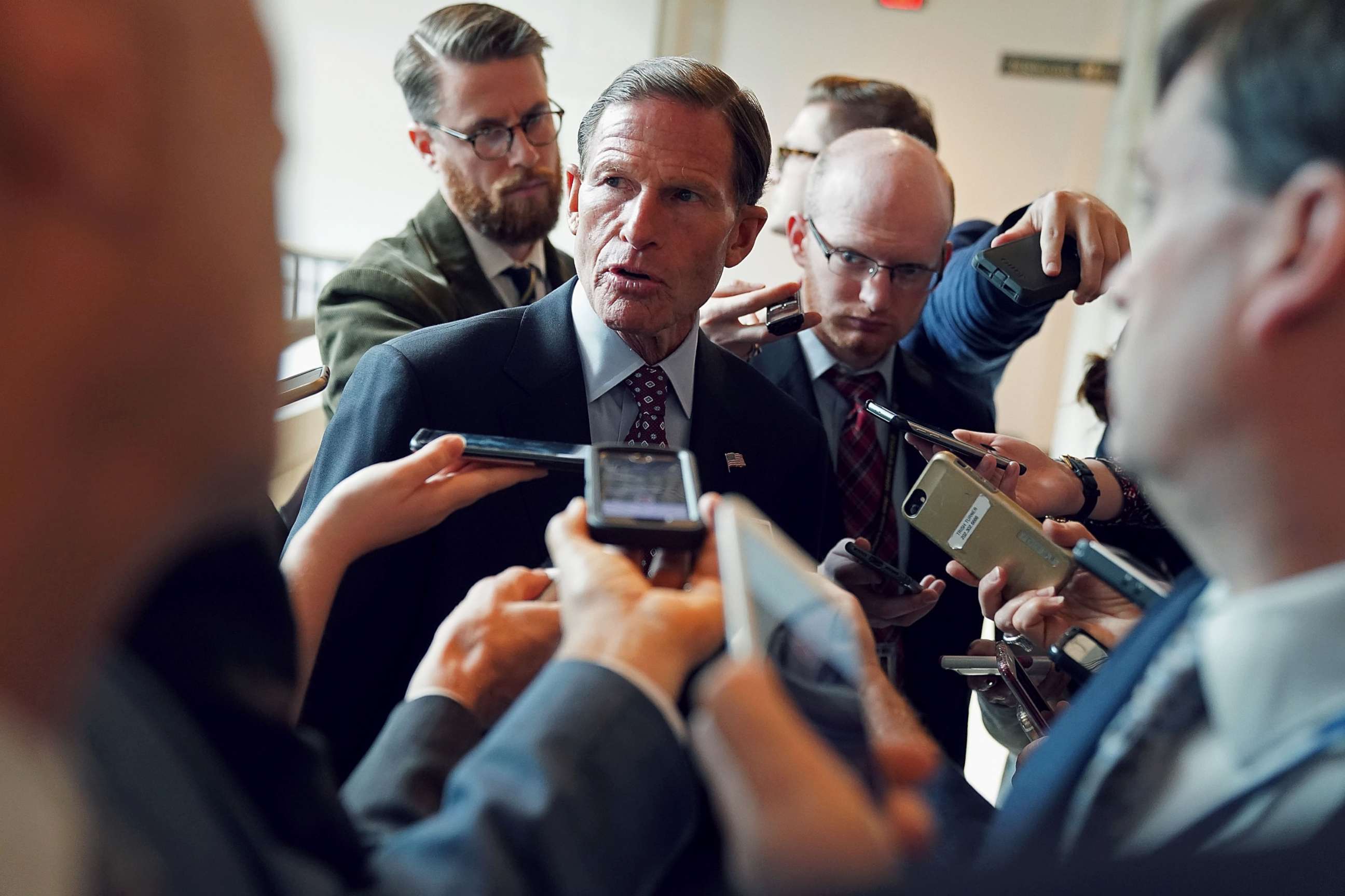 PHOTO: Sen. Richard Blumenthal talks to reporters following a closed-door briefing for the Senate Armed Services Committee at the U.S. Capitol, Oct. 26, 2017 in Washington.
