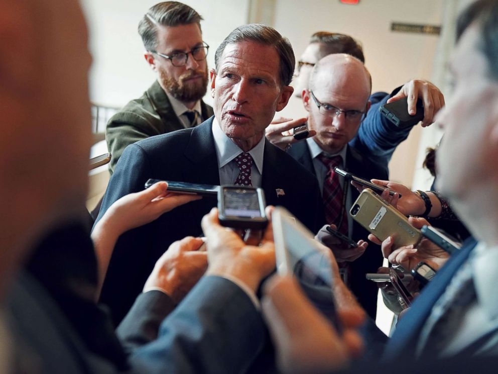 PHOTO: Sen. Richard Blumenthal talks to reporters following a closed-door briefing for the Senate Armed Services Committee at the U.S. Capitol, Oct. 26, 2017 in Washington.