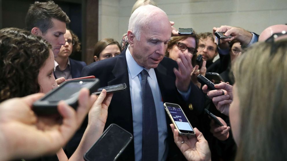 PHOTO: Senate Armed Services Committee Chairman John McCain speaks to reporters inside the Capitol on Oct. 26, 2017 in Washington.