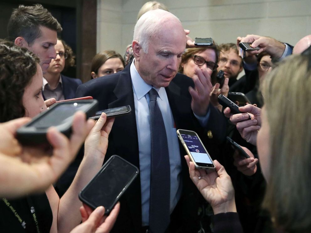 PHOTO: Senate Armed Services Committee Chairman John McCain speaks to reporters inside the Capitol on Oct. 26, 2017 in Washington.