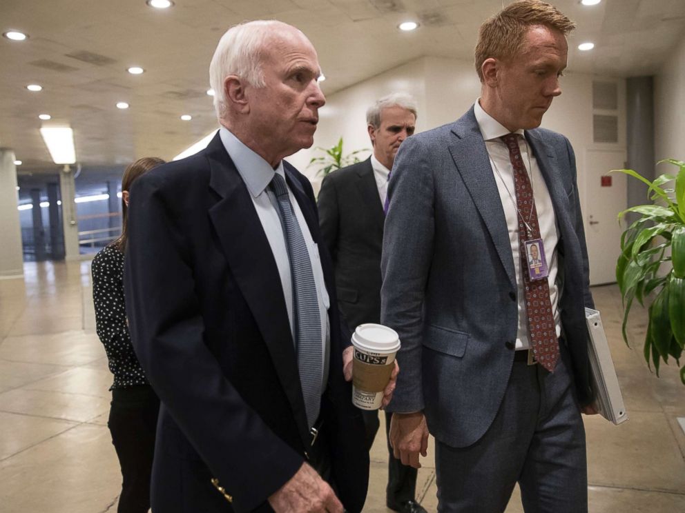 PHOTO: Sen. John McCain, chairman of the Senate Armed Services Committee, arrives for a closed-door briefing on the situation in Niger where four U.S. soldiers were killed in an ambush earlier this month, on Capitol Hill in Washington, Oct. 26, 2017.
