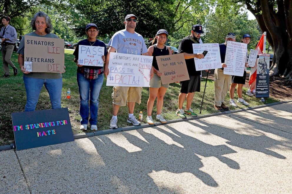 PHOTO: Veterans and supporters of the PACT act demonstrate outside the U.S. Capitol Building in Washington, Aug. 2, 2022.