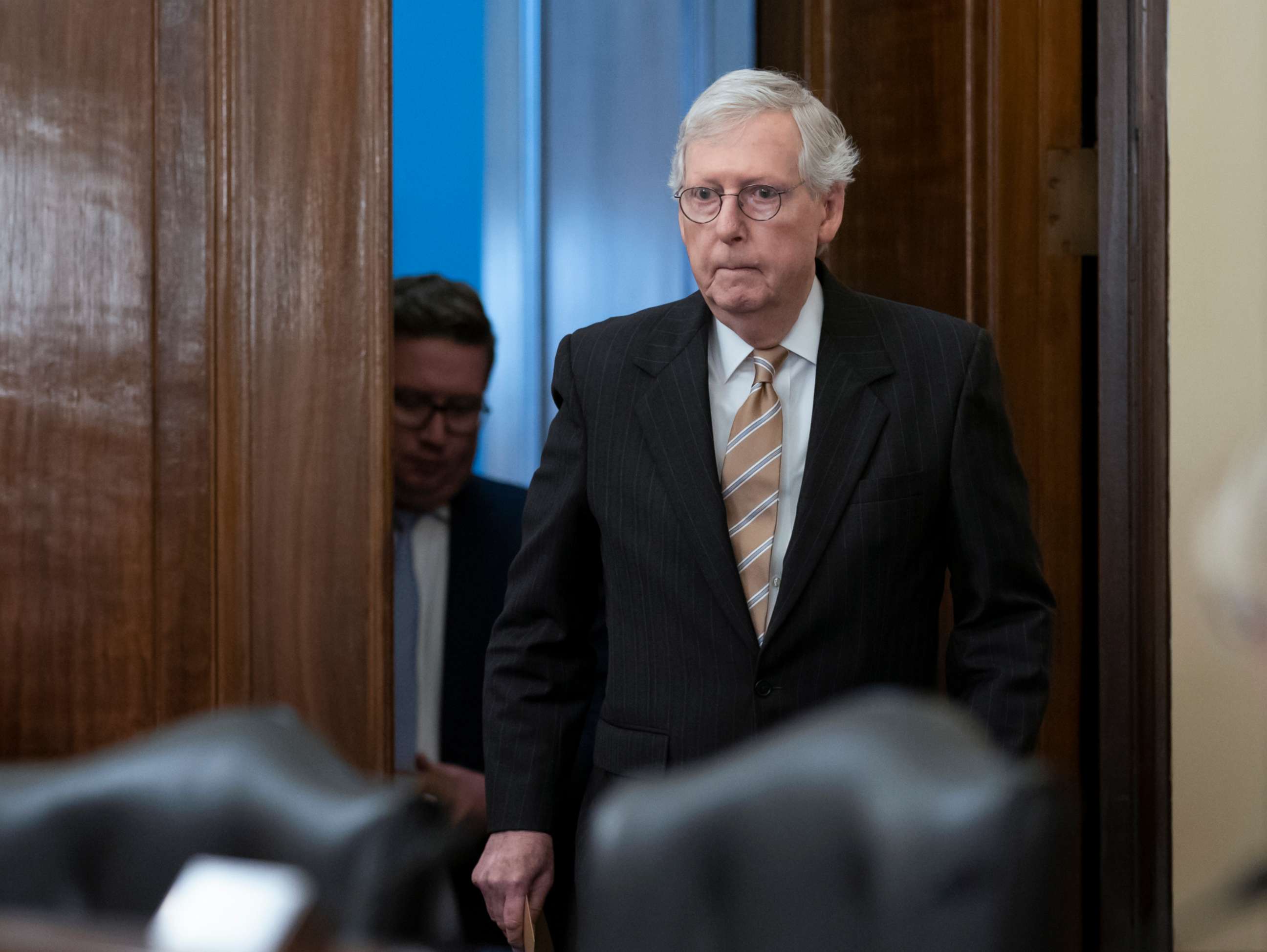 PHOTO: Senate Minority Leader Mitch McConnell attends a Senate Rules and Administration Committee meeting on the Electoral Count Reform and Presidential Transition Improvement Act, at the Capitol in Washington, Sept. 27, 2022. 