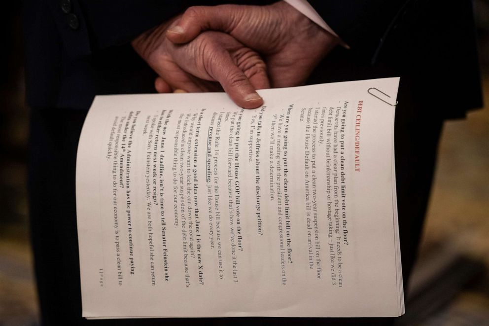 PHOTO: Senate Majority Leader Chuck Schumer (D-N.Y.) holds sheets of paper with talking points on debt ceiling legislation during a press conference on Capitol Hill, May 2, 2023.