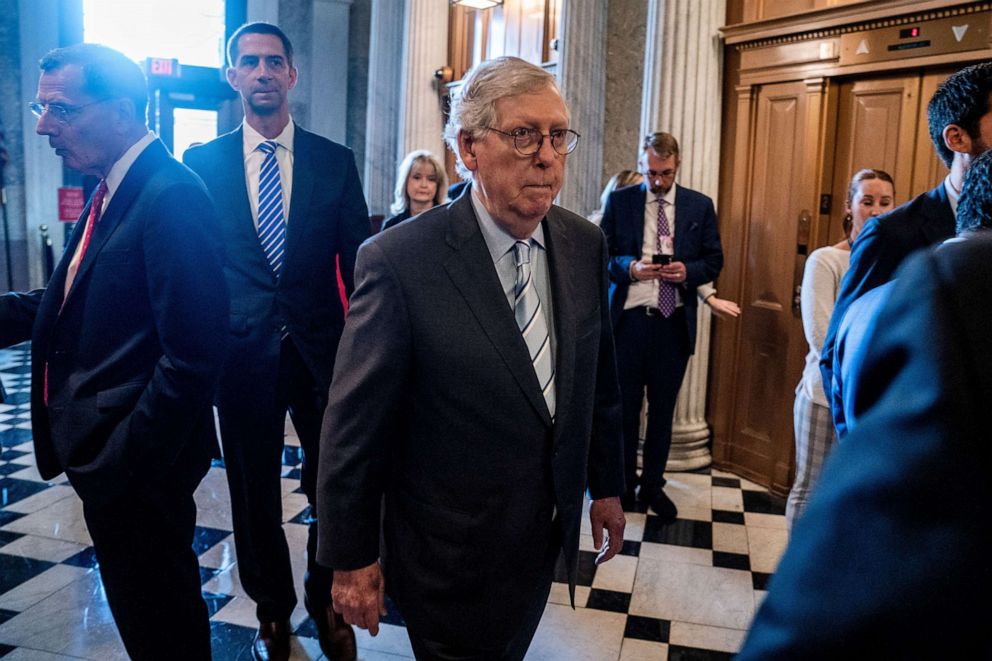 PHOTO: Senate Minority Leader Mitch McConnell walks to the Senate Floor to vote on the government funding continuing resolution in the US Capitol, in Washington, Sept. 29, 2022.