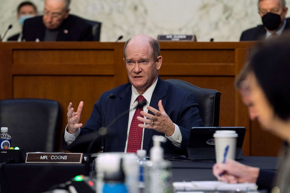 PHOTO: Senate Judiciary Committee member Sen. Chris Coons questions witnesses during the committee's hearing to examine the domestic terrorism threat one year after January 6, on Capitol Hill, Jan. 10, 2022, in Washington, D.C.