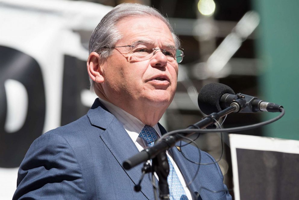 PHOTO: In this April 24, 2016, file photo, Sen. Robert Menendez speaks to a crowd of Armenian-Americas from throughout the metro area who gathered in New York's Times Square to commemorate the 101st anniversary of the 1915 Armenian Genocide. 