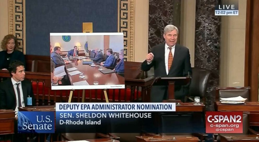 PHOTO: Sen. Sheldon Whitehouse speaks during a senate confirmation vote for Andrew Wheeler, April 12, 2018 in Washington, D.C.