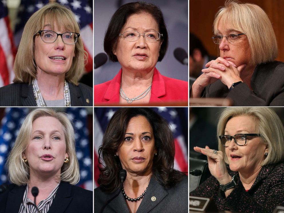 PHOTO: A combination photo showing, top row from left: Sen. Maggie Hassan (D-NH), Sen. Mazie Hirono (D-HI), Sen. Patty Murray (D-WA). Bottom row from left: Sen. Kirsten Gillibrand (D-N.Y.), Sen. Kamala Harris (D-CA), Sen. Claire McCaskill (D-MO).