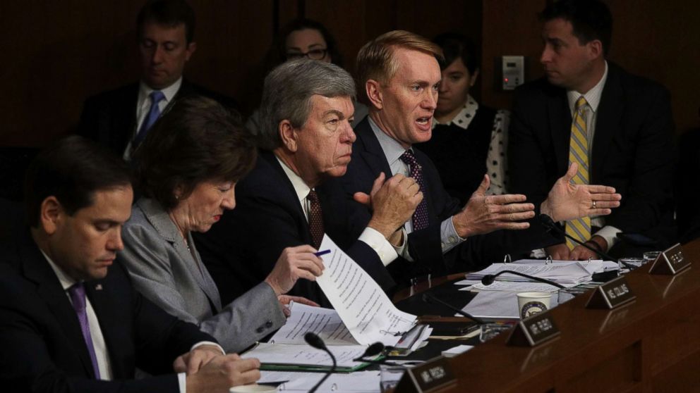 From right, Sen. James Lankford speaks as Sen. Roy Blunt, Sen. Susan Collins and Sen. Marco Rubio listen during a hearing before the Senate Select Intelligence Committee, Nov. 1, 2017, in Washington, D.C.. on "Social Media Influence in the 2016 U.S. Elections."  