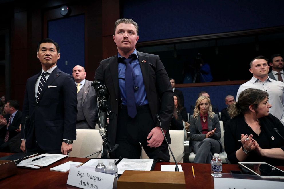 PHOTO: FILE - U.S. Marine Corps. Sergeant Tyler Vargas-Andrews arrives for testimony before the House Foreign Affairs Committee at the U.S. Capitol, March 08, 2023 in Washington, DC.