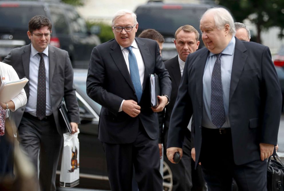 PHOTO: Russian Deputy Foreign Minister Sergei Ryabkov, second from left, and Russian Ambassador to the U.S. Sergey Kislyak, right, arrive at the State Department in Washington, July 17, 2017.