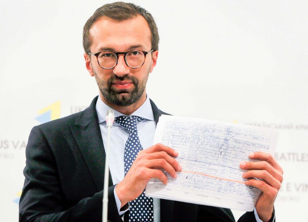 PHOTO: Serhiy Leshchenko shows a copy one of the once-secret accounting documents of Ukraine's pro-Kremlin party that were purporting to show payments of $12.7 million earmarked for Paul Manafort, during a news conference in Kiev, Ukraine, Aug. 19,2016. 