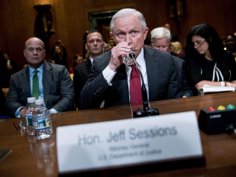PHOTO: U.S. Attorney General Jeff Sessions waits for a hearing to begin as Matthew G. Whitaker, left, Chief of Staff to Attorney General Jeff Sessions sits behind him, on Capitol Hill, April 25, 2018.