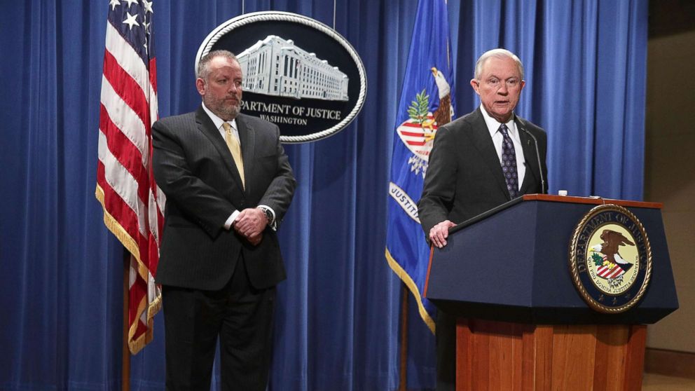 U.S. Attorney General Jeff Sessions speaks during a news conference at the Justice Department Nov. 29, 2017 in Washington, D.C., as Acting DEA Administrator Robert W. Patterson listens.