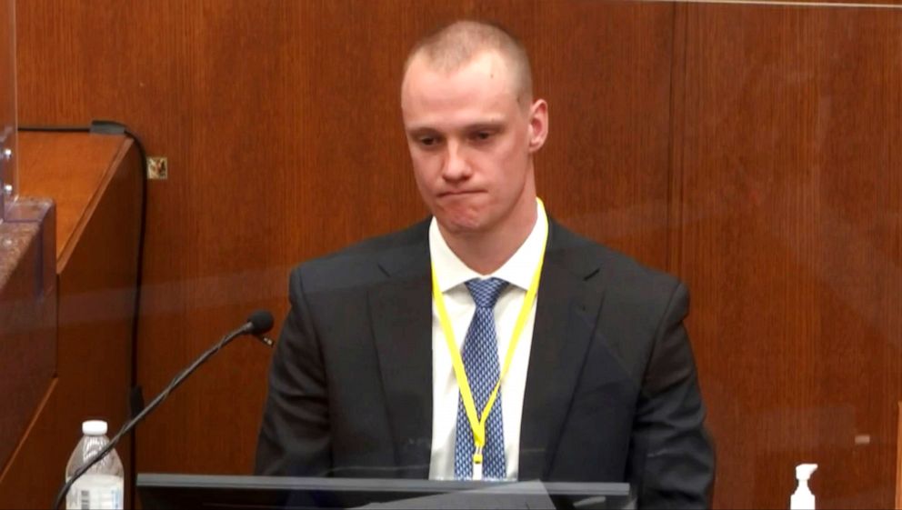 PHOTO: Paramedic Seth Bravinder answers questions while on the witness stand, April 1, 2021, in the trial of former Minneapolis police Officer Derek Chauvin at the Hennepin County Courthouse in Minneapolis.